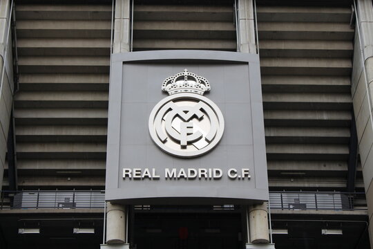 Madrid / Spain - August 27, 2017: Real Madrid logo on Santiago Bernabeu Stadium, Madrid, Spain.