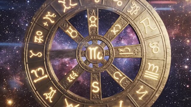 Golden Astrological Zodiac Wheel with Galaxy Background - This video features a golden astrological zodiac wheel with the Scorpio symbol glowing in the center.