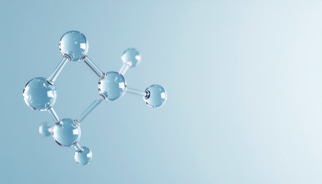 A 3D rendering of a complex molecular model with clear, glassy spheres linked by rods, floating against a soft gradient, Abstract molecular structure with transparent spheres 