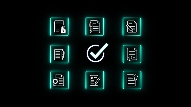 Neon glowing document verification blockchain network with digital check mark icon showing secure data validation system, online approval process, and cyber security technology concept 4k animated.