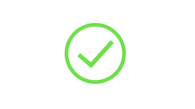 Animation green check mark icon. Animated tick, correct sign. Yes, choice, success, approved symbol. Isolated on a white background. For apps, projects, presentations, businesses, etc.