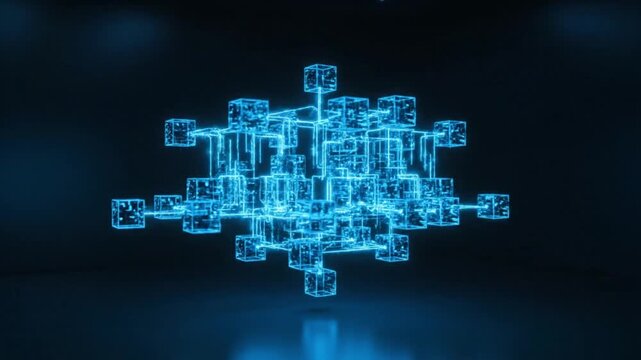 Abstract blue glowing cube network with connected nodes on a dark background, representing data, blockchain, or digital connections