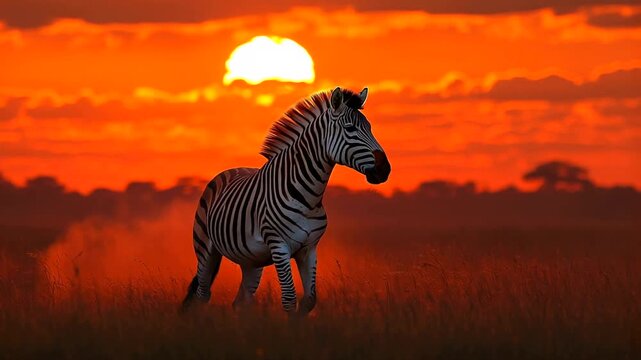 Zebra silhouetted against a vibrant sunset backdrop