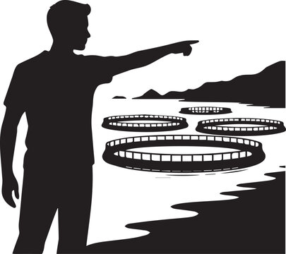 Man pointing at circular fish farm cages in sea coastal silhouette