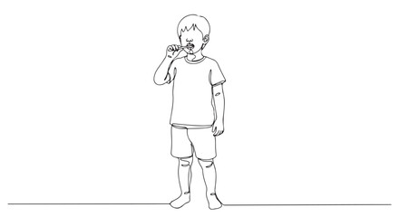 Fototapeta premium Continuous line drawing of a cute young boy diligently brushing his teeth, promoting good oral hygiene and healthy habits for children