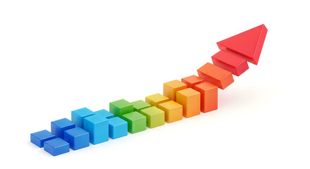 3D colorful rising arrow made of stacked blocks growing upward isolated on transparent background
