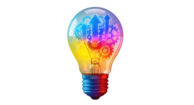 Creative light bulb with colorful brain design glowing with ideas and innovation isolated on transparent background