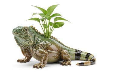 Obraz premium Realistic Ceramic Iguana Figurine Planter with Green Plant Growing from Back isolated on White Background