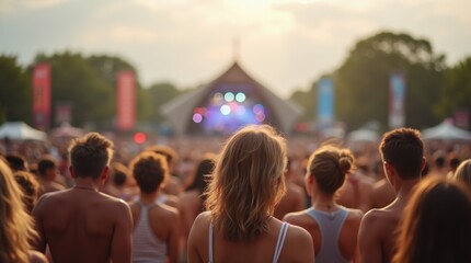 Fototapeta premium People at summer music festival outdoors, blurred background 