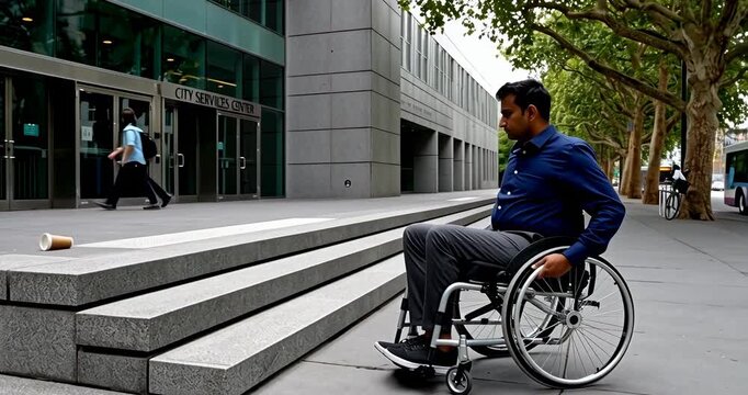 A man in a wheelchair is facing a staircase without a ramp in a public place