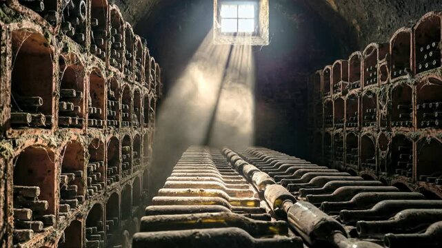 Cinematic shot of a dusty ancient wine cellar with rows of vintage bottles and sun rays streaming through a small window, highlighting dust particles and an atmosphere of tradition and aging.