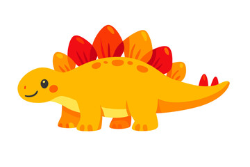 A cute yellow cartoon stegosaurus dinosaur with orange and red plates on its back. This friendly prehistoric creature is shown in a side view isolated on a black background.