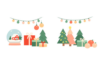 Fototapeta premium This flat vector illustration shows two festive Christmas scenes with snow globes, wrapped gift boxes, decorated trees, and hanging string lights against a solid black background.