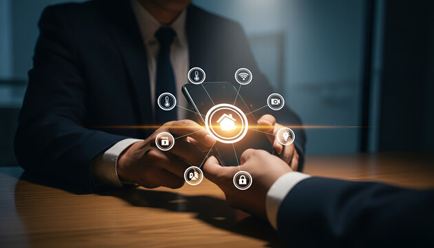 "Business Exchange: Two Suit-Clad Professionals Swap Smartphone with Central Cloud Icon and Security Features"

