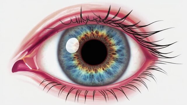 A close-up of a human eye with a blue iris and yellow-brown ring, on a white background, possibly used for medical or artistic purposes