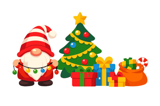 A festive illustration featuring a cute Christmas gnome holding a string of lights next to a decorated evergreen tree and several colorful gift boxes on a black background.