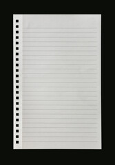 Lined notebook paper sheet isolated on black background.