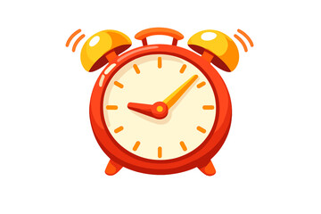 A cartoon illustration of a red alarm clock with yellow bells ringing against a black background. The clock face is white with orange hands and hour markers.