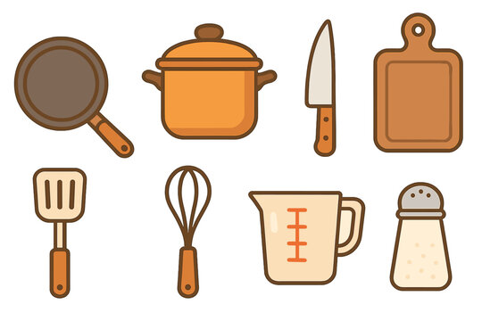 A collection of eight stylized kitchen utensils and cooking tools including a pan, pot, knife, cutting board, spatula, whisk, measuring cup, and salt shaker on a black background.