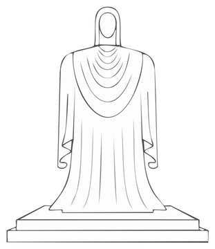 Minimalist line art illustration of a robed and hooded faceless monument on a pedestal