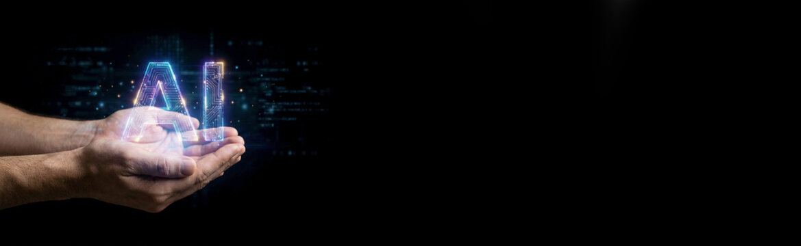 Two male hands holding futuristic text "AI" between palms and glowing. Side view of hands and inscription "AI" on black background. Artificial intelligence. On the right free space