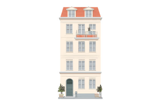 A flat illustration of a five-story cream-colored apartment building with a red mansard roof, dormer windows, a small balcony, and an arched green entrance door on a black background.