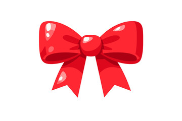 A glossy red cartoon bow with white highlights is centered against a solid black background. This decorative ribbon features two loops and two tails in a vibrant shade of crimson.
