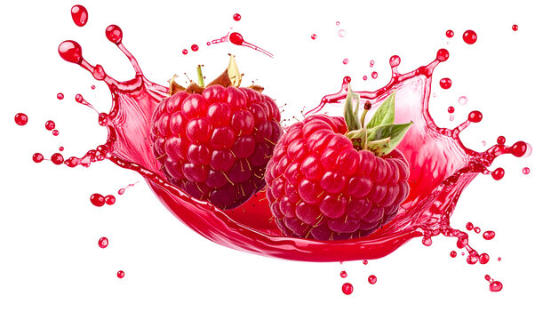 Two vibrant raspberries amidst a dynamic splash of bright red liquid against a black background