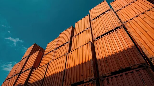 Low angle tracking shot of stacked orange shipping containers against a clear blue sky representing global logistics, international trade, and freight transportation.
