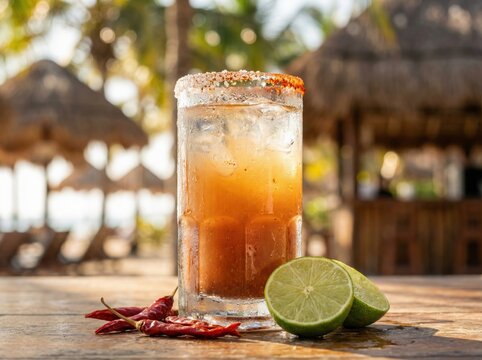 Michelada spicy beer cocktail with lime wedge and chili salt rim on wooden table