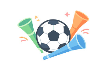 A cartoon illustration of a black and white soccer ball surrounded by three colorful vuvuzela horns in green, orange, and blue against a solid black background with decorative accents.