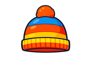 A colorful cartoon illustration of a winter beanie hat featuring blue, orange, and yellow stripes with a matching orange pom-pom on top, set against a solid black background.