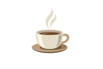 Fototapeta premium A minimalist illustration of a white ceramic cup filled with dark coffee, resting on a tan saucer with wisps of steam rising against a solid black background.