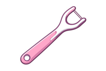 This cartoon illustration features a pink dental floss pick with a white handle and a small piece of floss, isolated on a solid black background for dental care.