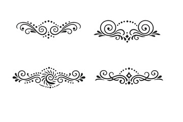 Obraz premium A collection of four elegant white decorative flourishes and calligraphic ornaments on a black background. These vintage scrollwork designs feature intricate swirls, dots, and curls.