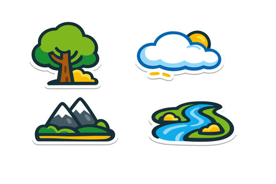 A set of four illustrated stickers depicts various natural elements including a lush green tree, a sunny cloud, jagged mountains, and a flowing blue river with green banks.