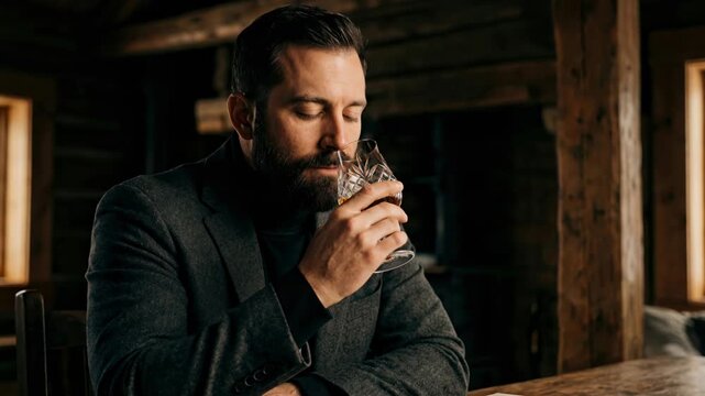 Close up of a sophisticated bearded man in a blazer smelling the aroma of a glass of whiskey or scotch while sitting at a rustic wooden table in a dark cabin interior.