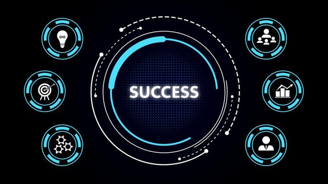 Futuristic circular interface with the word "success" centered, surrounded by six blue tech icons on black background