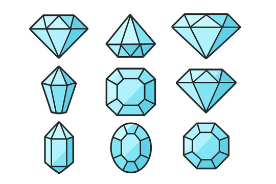 A collection of nine light blue diamond and gemstone icons in various shapes and cuts, featuring black outlines and simple shading, set against a solid black background.