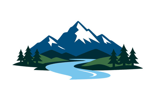 A minimalist vector illustration of a majestic blue mountain range with a snow-capped peak, a winding river, and green pine trees on the grassy banks against a solid black background.