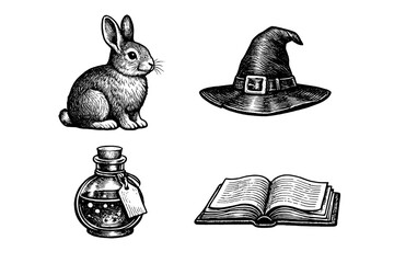A collection of four vintage woodcut style illustrations featuring a rabbit, a witch hat, a potion bottle, and an open book, all set against a solid black background. © icon_art