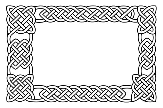A black and white illustration of a rectangular frame featuring intricate Celtic knot patterns and interlaced line art designs on a solid black background for decorative use.