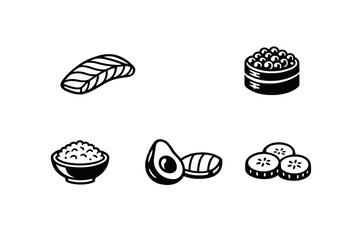 A collection of white minimalist icons on a black background featuring sushi ingredients such as salmon, rice, avocado, cucumber slices, and a gunkan maki roll with fish roe. © icon_art