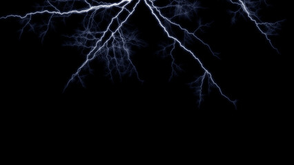 Brilliant white and blue lightning strikes illuminate the deep black night sky creating an atmospheric and powerful natural electrical discharge visual effect for dramatic overlays.
