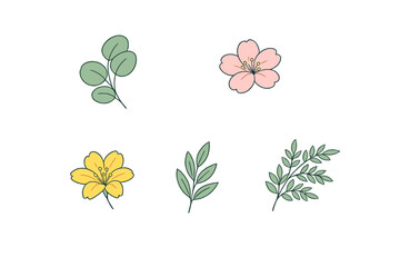 A collection of five botanical illustrations featuring pink and yellow flowers along with various green leafy sprigs, all set against a solid black background in a flat design style.