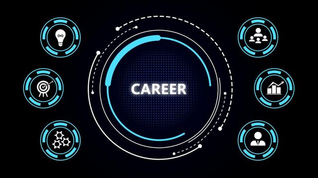 Futuristic circular interface with the word 'career' at center, neon blue icons around on dark background