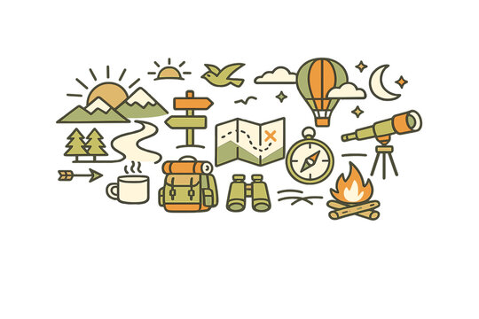 This flat illustration features various outdoor adventure icons such as a hot air balloon, telescope, map, and binoculars, all rendered in a warm color palette on a dark backdrop.
