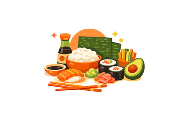 This colorful flat vector illustration showcases a variety of Japanese cuisine including sushi rolls, salmon nigiri, rice, avocado, soy sauce, and chopsticks. © icon_art