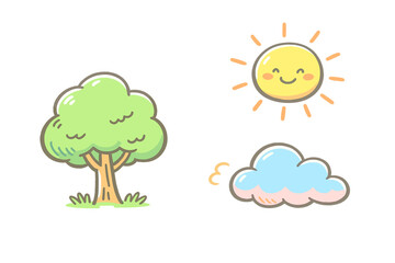A cute cartoon illustration featuring a green tree with grass, a smiling yellow sun with rays, and a soft blue cloud, all set against a solid black background in a kawaii style.