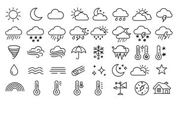 Naklejka premium A collection of forty minimalist weather icons featuring sun, moon, clouds, rain, snow, and lightning. These white line art symbols are presented on a solid black background for clarity.
